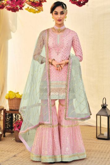 Baby Pink Color Faux Georgette Fabric Sharara Suit