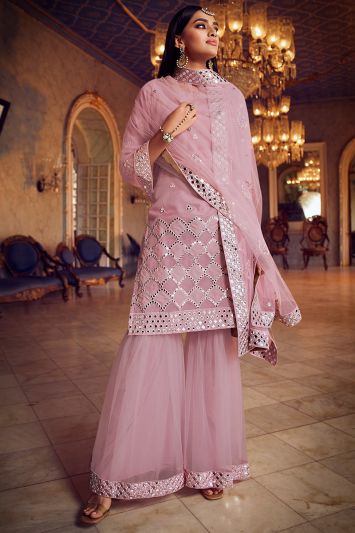 Baby Pink Organza Fabric Party Wear Sharara Suit with Net Dupatta