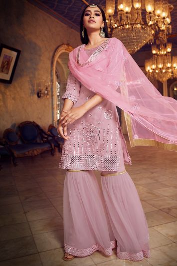 Baby Pink Organza Fabric Party Wear Sharara Suit with Soft Net Dupatta