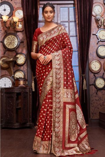 Banarasi Silk Fabric Jacquard Saree in Maroon Color