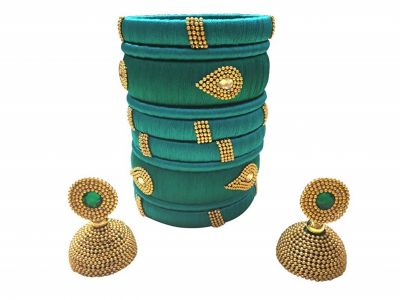 Beautiful Teal Resham Thread Bengle With Earring Set In Stone Work