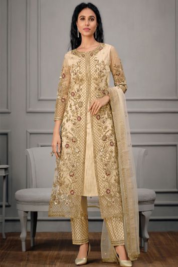 Beige Color Net Fabric Straight Pant Suit with Sequins Work