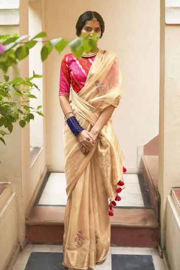 Beige Color Organza Silk Fabric Festive Wear Saree