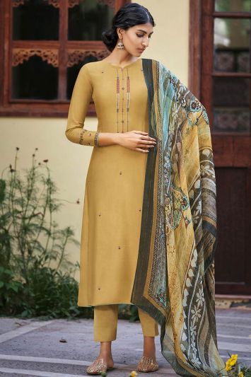 Beige Colored Pure Silk Fabric Straight Pant Suit