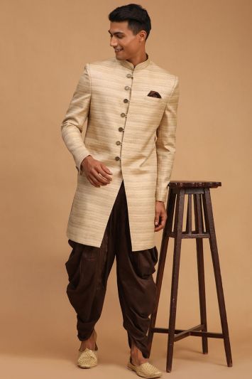 Beige Silk Blend Sherawani For Men