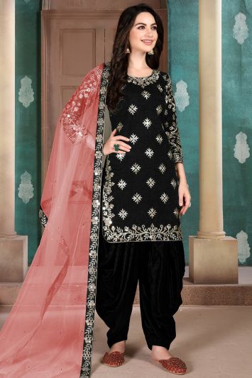 Black Art Silk Salwar Kameez with Net Dupatta