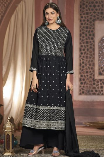 Black Color Blooming Georgette Fabric Party Wear Palazzo Suit