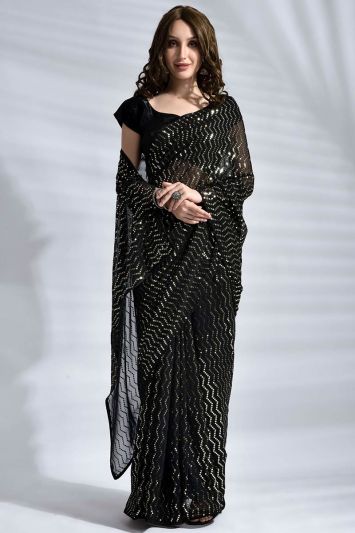 Black Color Georgette Fabric Designer Saree