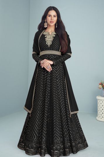 Black Color Heavy Faux Georgette Fabric Festive Wear Anarkali Suit