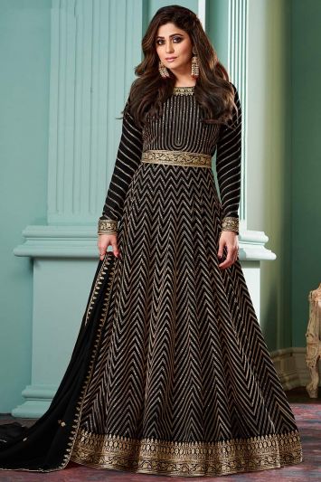 Black Color Real Georgette Fabric Stylish Anarkali Suit
