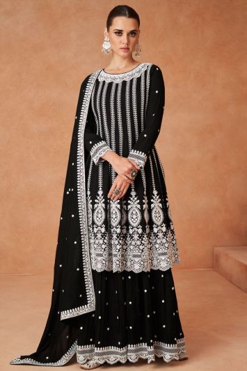 Black Color Silk Thread Embroidered Sharara Suit