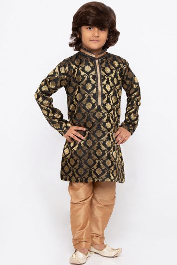 Black Cotton Silk Kurta and Golden Pajama For Diwali