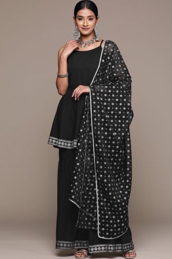Black Crepe Fabric Ethnic Sharara Suit