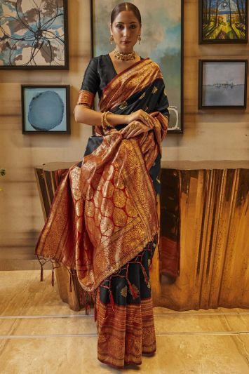 Black Kanjeevaram Traditional Wear Art Silk Saree