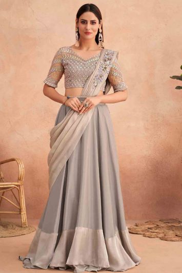 Blazing Cream Fancy Silk Lehenga Saree