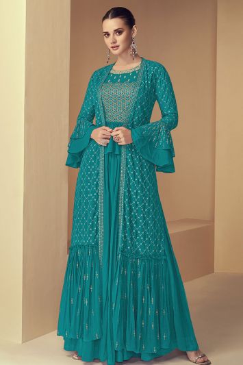Blue Color Heavy Faux Georgette Fabric Sharara Suit with Jacket