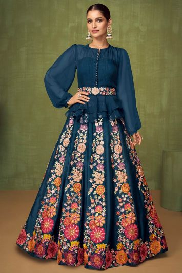 Blue Color Real Georgette Fabric Heavy Anarkali Suit