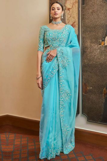 Blue Organza Fabric Party Wear Saree with Sequins Work