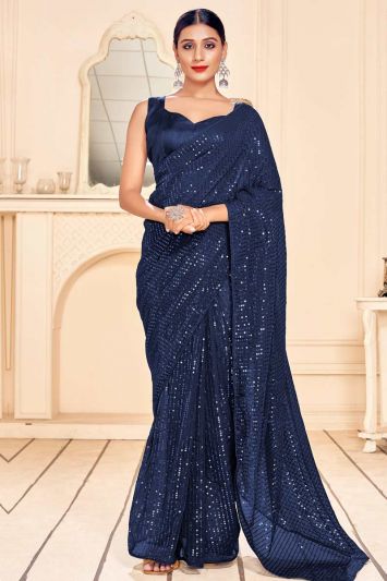 Navy Blue Faux Georgette Saree with Art Silk Blouse