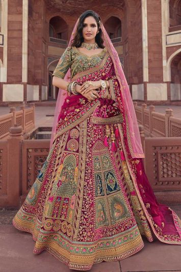 Bridal Wear Pink Color Velvet Fabric Lehenga Choli