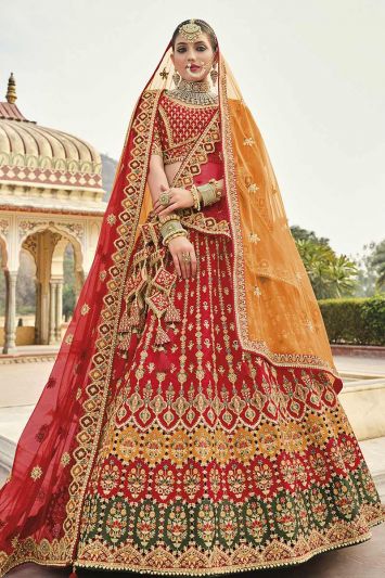Bridal Wear Pure Silk Fabric Lehenga Choli in Red Color