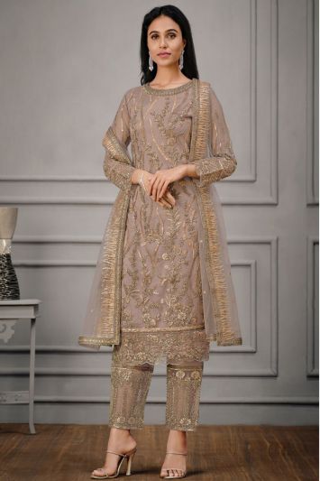 Brown Color Net Fabric Straight Pant Suit