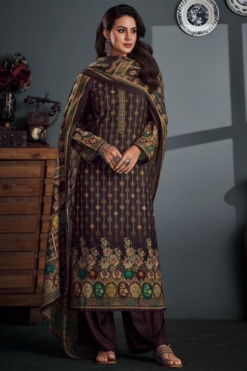 Brown Color Pashina Fabric Digital Printed Palazzo Suit