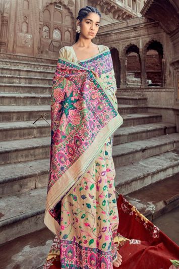 Brown Color Pashmina Fabric Kashmiri Meenakari Weaving Saree