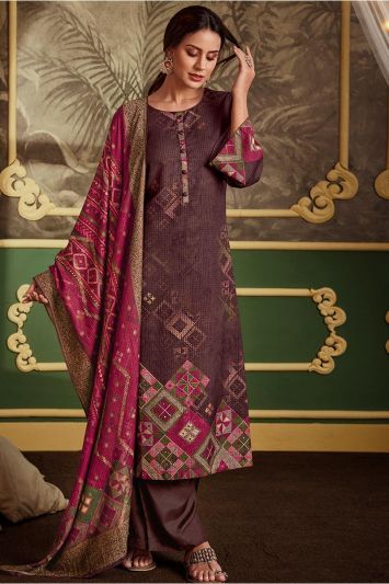Brown Color Pashmina Fabric Palazzo Suit with Mirror Work