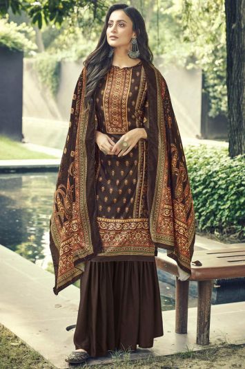 Brown Designer Walima Wear Velvet Sharara Suit
