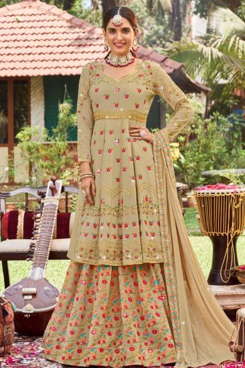 Brown Georgette Embroidered Lehenga with Long Choli