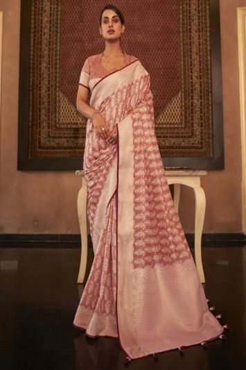 Brown Weaving Printed Pashmina Silk Saree