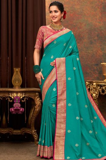 Buy Banarasi Silk Fabric Saree in Cyan Color