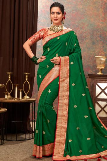 Buy Banarasi Silk Fabric Saree in Green Color
