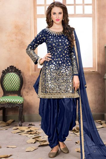 Buy Blue Taffeta Silk Patiala Suit With Mirror Work