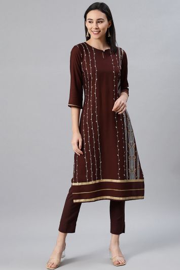 Buy Casual Brown Color Rayon Fabric Straight Pant Suit