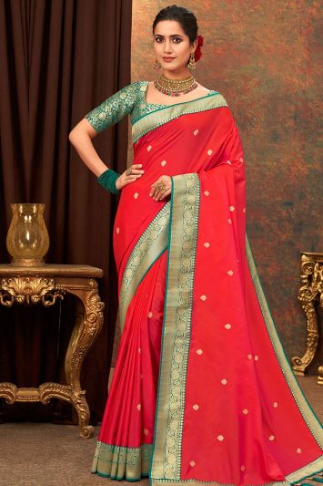 Buy Coral Red Color Banarasi Silk Fabric Saree