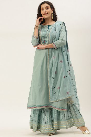 Buy Designer Cotton Mal Sharara Suit in Blue Color