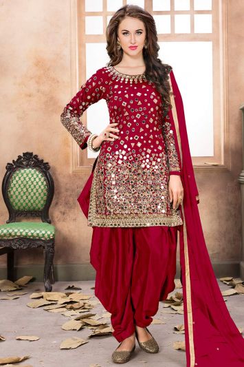 Buy Designer Red Color Taffeta Silk Patiala Suit