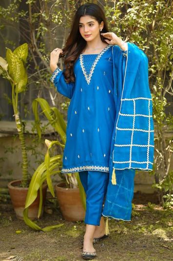 Buy Designer Silk Fabric Straight Pant Suit in Blue Color