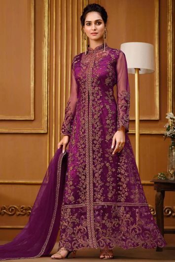 Buy Designer Soft Net Fabric Anarkali Suit in Purple Color