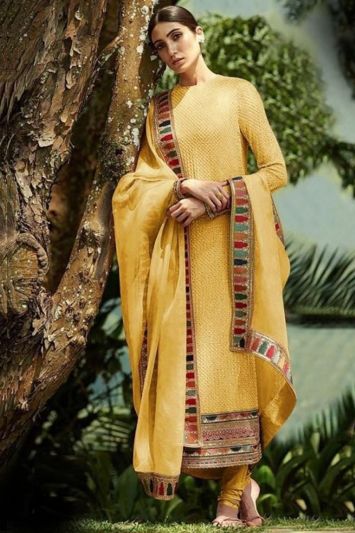 Buy Designer Yellow Georgette Churidar Suit For Haldi Function