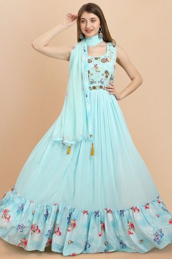 Buy Died Georgette Fabric Long Gown Suit in Aqua Color