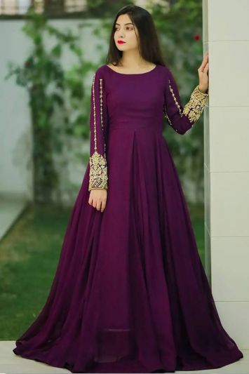 Buy Eid Designer Stylish Long Anarkali Suit in Purple Color