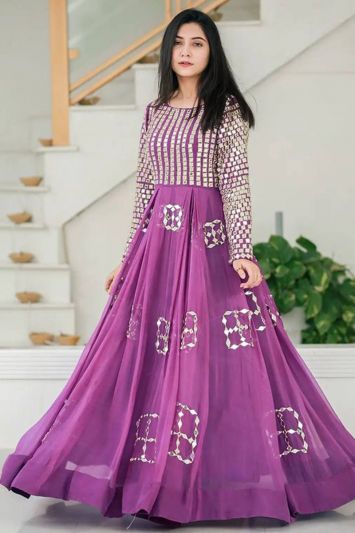Buy Eid Wear Purple Color Long Anarkali Suit with Mirror Work