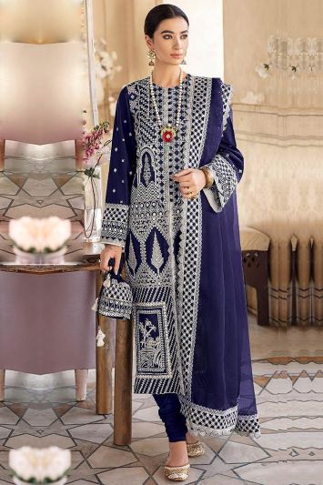 Buy Embroidered Faux Georgette Churidar Suit in Blue Color