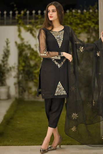 Buy Embroidered Georgette Straight Pant Suit in Black Color