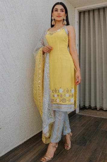 Buy Ethnic Floral Designer Yellow Straight Pant Suit