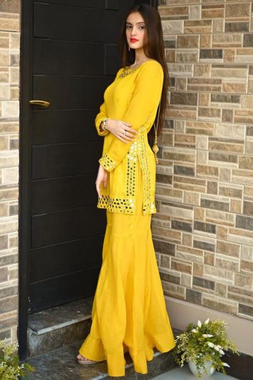 Buy Ethnic Yellow Color Mirror Work Sharara Suit For Haldi Function