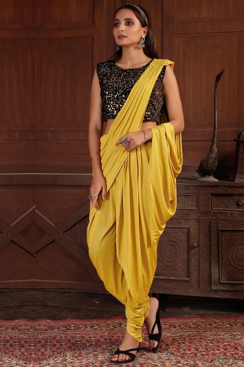 Buy Fancy Lycra Fabric Yellow Saree For Haldi Function